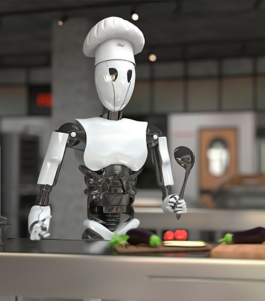 A Robot Chef holding a ladel in the omelet station