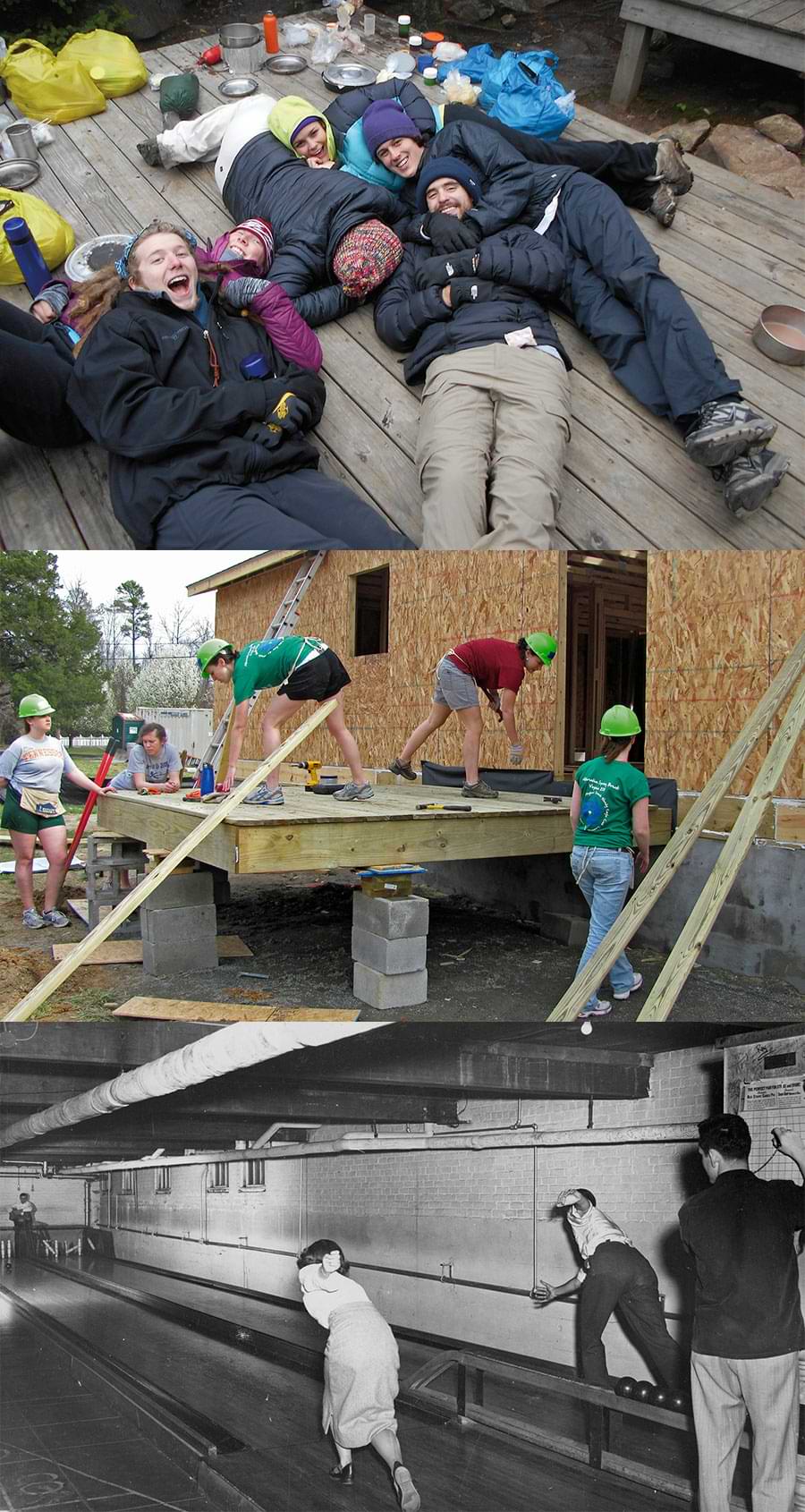 Plymouth Students camping, building a house and bowling