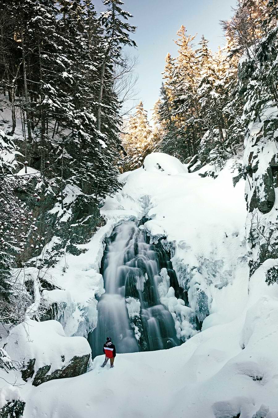 Student at the Crystal Cascades in winter