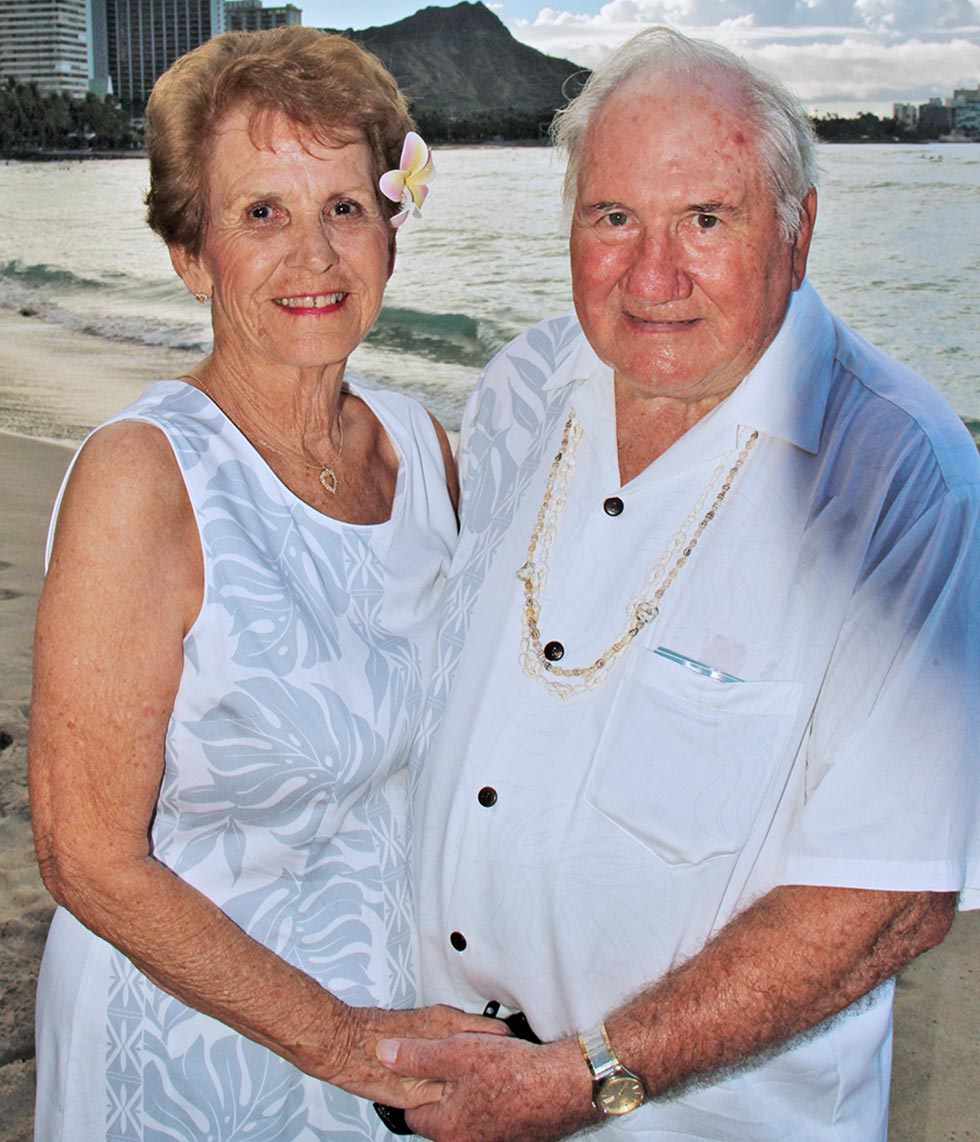 Joan and Robert De Planche ’97G renewed their vows on Waikiki Beach for their 60th wedding anniversary.