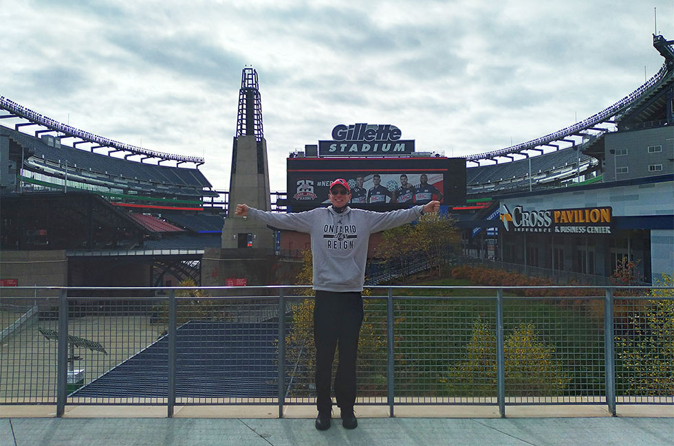 Gary Zirpolo ’19 stands in front of his new office: Gillette Stadium