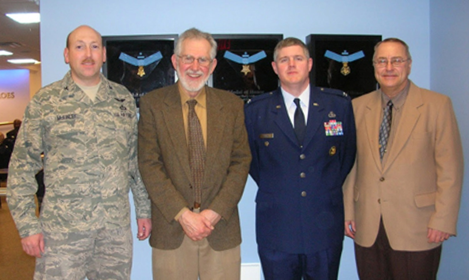 Pictured above (L-R): Air Force Colonel Eric McKinley; Joseph Zabransky, former PSU professor; Craig Souza; and retired Army Lt. Colonel James Koermer, professor emeritus of meteorology, at the Hall of Heroes in Washington, DC. (2009)