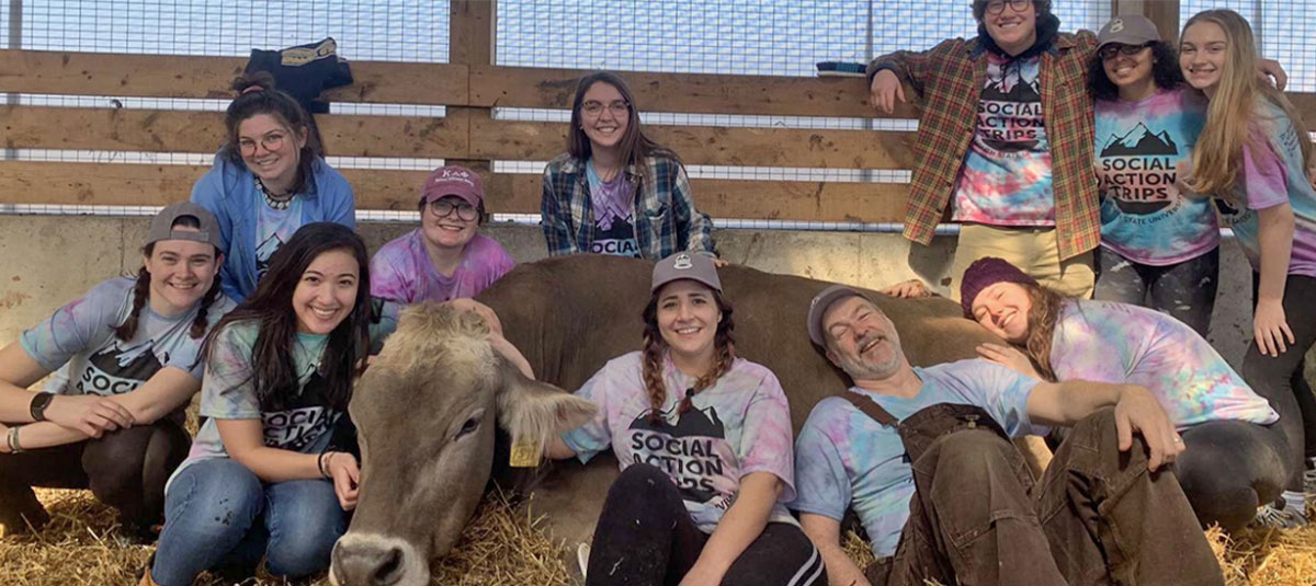 students and their professor snuggles around a cow in a barn