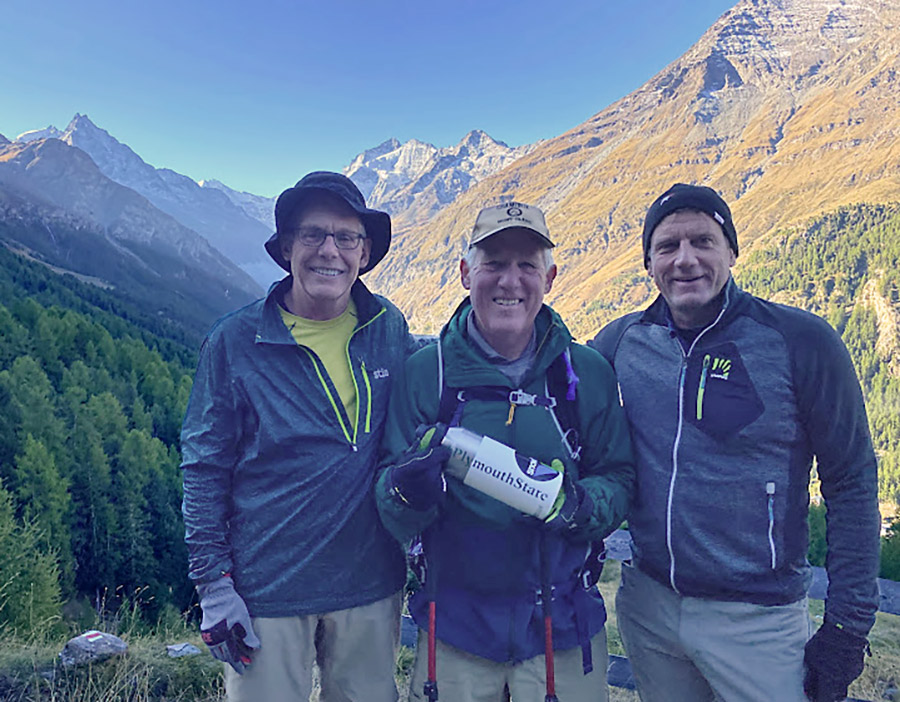 Terry Hart ’78 with two Plymouth State dads (Gary MacLoed ’08P on left and Bill Eicholzer ’19P on right) hiking the Haute Route in the Alps.—one was proudly carrying a PSU water bottle!