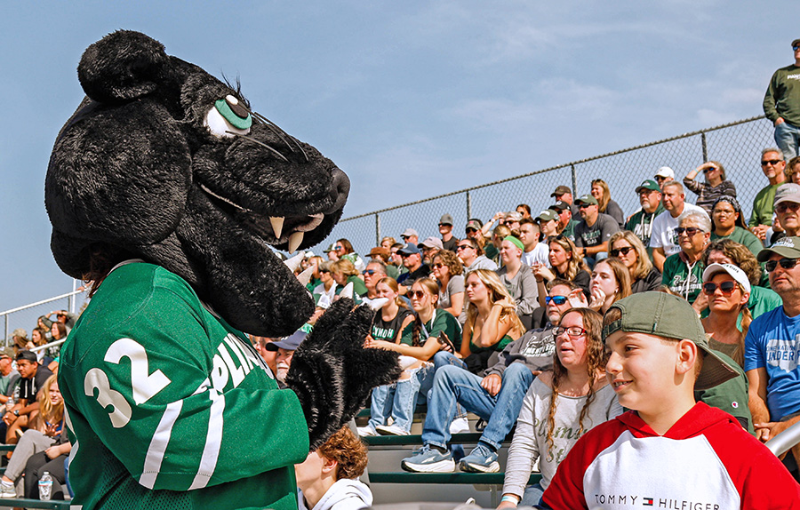 mascot looking into the crowd in the bleacher stands