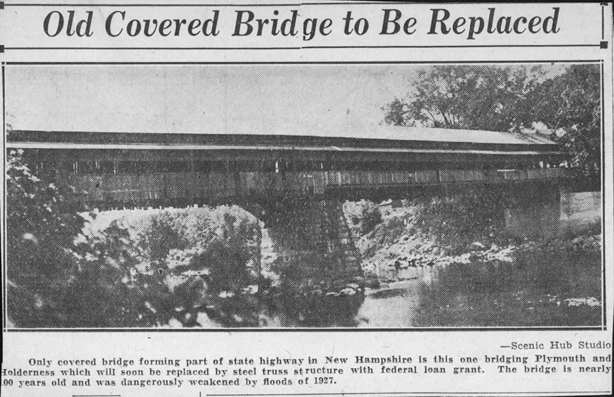 newspaper clipping with a photo of a bridge and the heading "Old Covered Bridge to Be Replaced"