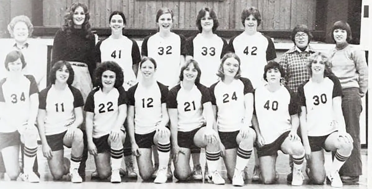 black and white photo of Plymouth's 1987 women's basketball team